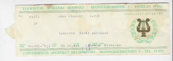 Yliopiston Apteekki Mannerheimintie Helsinki - resepti signatuuri 1969