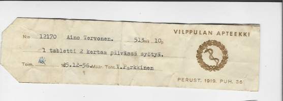 Vilppulan Apteekki  , resepti  signatuuri   1956
