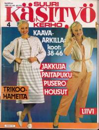 Suuri Käsityökerho 4/1981.  Mukana kaava-arkki 4/81. Tikattu liivi, paitapuku, jakkuja, housut, trikoohameita.  Katso sisältö kuvasta.