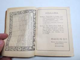 Koululaisen Muistikirja 1929-1930, sisältää kalenterin, runsaasti tietoiskuja ja artikkeleita, esim. Philips Miniwat radioputkitaulukot, Suomalaisia höyrylaivoja...