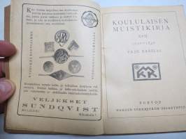 Koululaisen Muistikirja 1929-1930, sisältää kalenterin, runsaasti tietoiskuja ja artikkeleita, esim. Philips Miniwat radioputkitaulukot, Suomalaisia höyrylaivoja...