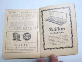 Koululaisen Muistikirja 1929-1930, sisältää kalenterin, runsaasti tietoiskuja ja artikkeleita, esim. Philips Miniwat radioputkitaulukot, Suomalaisia höyrylaivoja...