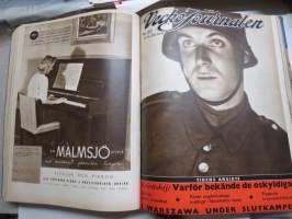 Vecko Journalen 1939, ruotsalainen aikakauslehti -sidottu osittainen vuosikerta, sisältää mm. alkavaa maailmansotaa ja Suomea koskevia artikkeleita