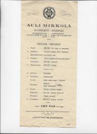 Auli Mikkola  konsertti Turun Palokunnantalolla  1934  - käsiohjelma