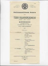 Trio Hannikainen Ilmari Arvo Tauno konsertti Turku akatemiatalo 1934