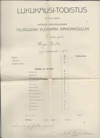 Lukukausi-Todistus Wiipurin maalaiskunnan Tiiliruukin Ylemmän kansakoulun IV luokan oppilas  1915 - koulutodistus