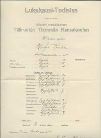 Lukukausi-Todistus Wiipurin maalaiskunnan Tiiliruukin Ylemmän kansakoulun III e luokan oppilas  1913 - koulutodistus