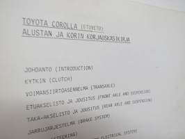 Toyota Corolla etuveto alusta &amp; kori AE80.82, CE80 korjauskäsikirja -tehtaan / maahantuojan alkuperäinen suomenkielinen korjaamokirja