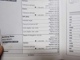 Autodata - 1997 Wheel Alignment Data, Checking, Setting - Front &amp; Rear Wheels - Autodata -säätöarvokirja