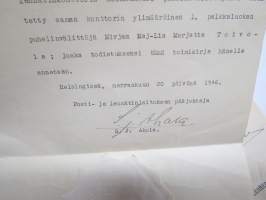 Toimikirja M.M-L. T.  Turun lennätinkonttorin kolmanneksi puhelinvälittäjän toimeen 20.11.1946 -asiakirja