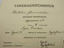 Lukukausitodistus v.1925 Hartola Ylemmäinen