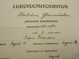 Lukuvuositodistus v.1926 Hartola Ylemmäinen