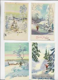 Hyvä on hiihtäjän hiihdellä joulukortti taiteilijapostikortti sign U Maasio - postikortti  kulkenut 4 eril