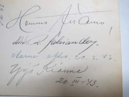 Ilmari Peitsalo -nimikirjoitus + Hemmo Airamo, Yrjö Kianne + useita muita  / signature - autograph