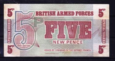 Seteli/voucher 5 p British Armed Forces. Pakkasileä