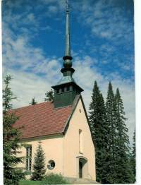 Postikortti, Metsäkansan kirkko .Emil Aaltosen avustuksella rakennettu kirkko hänen synnyin kyläänsä. Vihitty  1939.Valokuvannut P. Nikkilä. Kulkematon