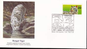 FDC Ensipäiväkuori USA 1.10.1992 Bengal Tiger - Bengalin tiikeri.