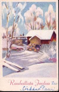 Postikortti vanha joulukortti Rauhallista joulua, 1952. Paletti: Talvimaisema
