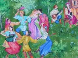 Angelika Fomicheva, &quot;Karjalainen kansanjuhla &quot; maalaus  sign 1990    50x65 cm kehystämätön