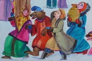 Angelika Fomicheva, &quot;Talvinen kansansatu &quot; maalaus  sign 1990    45x60 cm kehystämätön