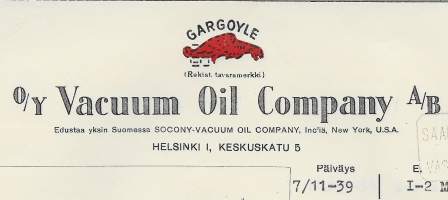 Vacuum Oil Company Oy Helsinki  1939 - firmalomake