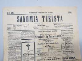 Sanomia Turusta 1898 nr 121, ilmestynyt 28.5.1898, Pikku-uutisia Turku ja lääni, Waltiopäivien töiden järjestely, Laivaliikenne, runsaasti ilmoituksia