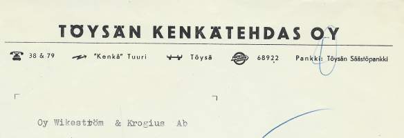 Töysän Kenkätehdas Oy Töysä 1966 - firmalomake