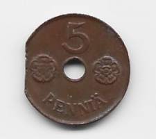 5 penniä 1942  alkuperäinen tekovika  reunapala