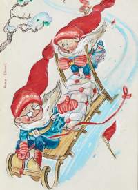 Eero-Einari Nurmela, &quot;Lahjakuorma&quot;joulukortin originaali, alkuperäismaalaus, peitevärimaalaus,  sing Eero-Einari  koko 21x14 cm kehystämätön