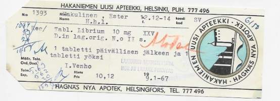 Hakaniemen Uusi  Apteekki  , resepti  signatuuri   1967