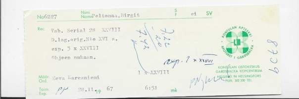 Kontulan Apteekki  , resepti  signatuuri   1967