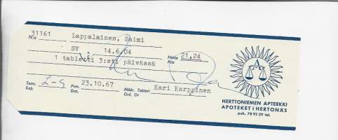 Herttoniemen Apteekki   , resepti  signatuuri   1967