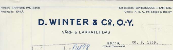 D Winter Oy Väri- ja Lakkatehdas Oy Epilä Tampere 1939  - firmalomake