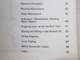 Renault 16 - Haynes Owner´s Handbook / Maintenance Manual, Routine Maintenance, MOT Preparation, Fault Finding, Repairs