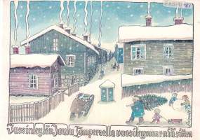 Tampere postikortti: Jussinkylän joulu vuosikymmeniä taaksepäin. Piirtänyt Rauno Mäkinen / Rampsu 1981. Kortti myyty sydän sairauksien ennalta ehkäisyyn. Taittokorti