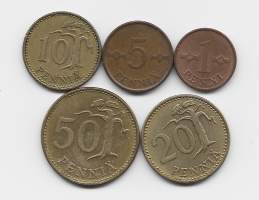 1,5,10,20 ja 50 penniä 1963 vuoden kolikot yht 5 kpl