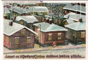 Tampere postikortti.  Amuri hiljentyy joulun viettoon Kortin piirtänyt Rauno Mäkinen Martti J. Laitisen Amuri kirjassa olleen kuvan perusteella.