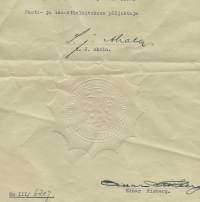 Posti- ja Lennätinlaitos paperisinetti ja pääjohtaja S J Ahola nimikirjoitus 1950