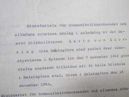 Fru / Rouva Karin von Knorring - elämänuran lehtihaastatteluja, todistuksia (autokoulunopettajana), valokuvia, AK Autoklubin Diplomi