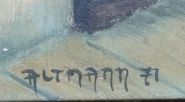 Altmann,&quot;Viinitupa / Hos vinbonden / Beim Weinbauern&quot; öljyvärimaalaus levylle sign  -71  koko 32x56 cm
