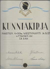 Naisten viestiuinti I p  - kunniakirja 1937