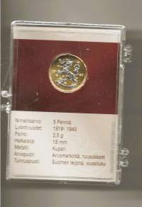 5 penniä  m 1918-40 alkuperäisessä kotelossa  Monetan sarjasta - Suomalaiset käyttörahat kullattuina