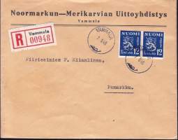 Firmakuori Noormarkun-Merikarvian uittoyhdistys Vammala 7.8.1949. Rekisteröity lähetys.