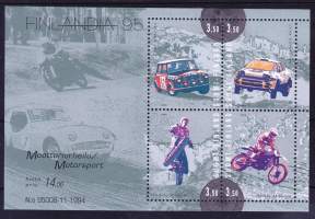 Suomi - Postimerkkiblokki/pienoisarkki BL 16 Moottoriurheilu - ralli, motocross, 1994  ** postituore (LAPE 1293-96, 8€)