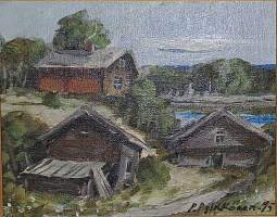 Pertti Pylkkönen, &quot;Taloryhmä&quot; öljyvärimaalaus  kankaalle  sign -95 koko 436x41  cm kehystetty