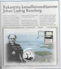 Rahakirje  numeroitu 2251/5000 - &quot;Johan Ludvig Runeberg&quot;    10 Proof euroa   hopeaa .925  27 g  2004