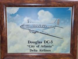 Douglas DC-3 City of Atlanta Delta airlines -  kehystetty mainos tina metallia 42x30 cm