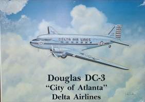 Douglas DC-3 City of Atlanta Delta airlines -  kehystetty mainos tina metallia 42x30 cm