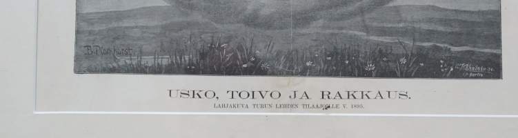 Bernhard Plockhorst , Usko, toivo ja rakkaus , puukaiverrus gravyyri  laattasigneeraus (Köhnlein Berlin)  1895  - kehystetty  69x72 cm