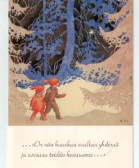 Rudolf Koivun piirtämä joulukortti. Kuva satukirjasta &quot; Tarina joulutähdestä&quot;  v.1934 Taittokortti, koko 10x15 cm. Amerikan kulttuurisäätiön kokoelmista. Kulkematon